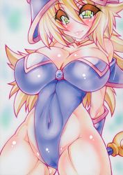 Rule 34 | 1girl, adapted costume, bare legs, bare shoulders, blonde hair, blue leotard, blush stickers, boots, breasts, cameltoe, cleavage, cowboy shot, curvy, dark magician girl, dress, duel monster, green eyes, hat, highleg, highleg leotard, large breasts, leotard, lips, long hair, magical girl, marker (medium), off shoulder, shiny clothes, shiny skin, simple background, skin tight, solo, standing, thighs, thong leotard, traditional media, wide hips, wizard hat, yu-gi-oh!, yutakasan-love