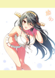 Rule 34 | 1girl, ;d, arm behind back, bent over, bikini, black hair, breasts, brown eyes, collarbone, floating hair, frilled bikini, frills, hair between eyes, hairband, hand in own hair, haruna (kancolle), huyukaaki, kantai collection, large breasts, long hair, looking at viewer, navel, one eye closed, open mouth, ribbon, shiny skin, smile, solo, standing, swimsuit, thigh gap, very long hair, white background, white bikini, white ribbon, yellow hairband