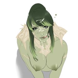 Rule 34 | 10s, 1girl, au ra, breasts, colored skin, cum, cum in mouth, cum on hair, facial, final fantasy, final fantasy xiv, freckles, green eyes, green hair, green skin, heart, horns, kneeling, licking lips, looking at viewer, nipples, nude, ponytail, scales, smile, solo, steffydoodles, tongue, tongue out, white background