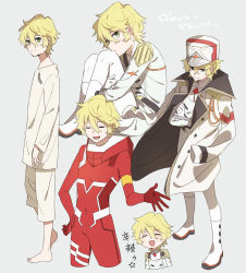 Rule 34 | 1boy, blonde hair, bodysuit, boots, chibi, closed eyes, closed mouth, coat, collarless shirt, commentary request, crossed arms, darling in the franxx, from side, full body, gloves, green eyes, grey background, hair between eyes, hat, highres, long sleeves, looking at viewer, looking to the side, male focus, messy, messy hair, military, military hat, military uniform, nine alpha, open mouth, pants, red bodysuit, shirt, simple background, sitting, smile, star (symbol), talking, translation request, unapoppo, uniform, upper body, white coat, white footwear, white gloves, white headwear, white pants, white shirt