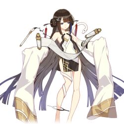 Rule 34 | 1girl, bare legs, bare shoulders, barefoot, black hair, blue eyes, calligraphy brush, chinese clothes, detached sleeves, floating, floating object, full body, fuxi (honkai impact), honkai (series), honkai impact 3rd, long hair, official art, paintbrush, scroll, snake, third-party source, transparent background, white snake