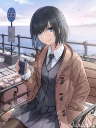 Rule 34 | 1girl, artist name, bench, bird, black hair, black necktie, black skirt, blue eyes, bus stop, buttons, can, canned coffee, coat, collared shirt, drink can, eyes visible through hair, fence, hand in pocket, hand up, head tilt, highres, holding, holding can, junshiki, luggage, necktie, ocean, on bench, open clothes, open coat, original, pantyhose, school uniform, shirt, short hair, sign, signature, sitting, skirt, smile, solo, uniform, waistcoat
