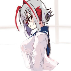 Rule 34 | 1girl, arknights, blue sailor collar, blush, breasts, covered erect nipples, demon horns, grey hair, horns, medium breasts, red eyes, sailor collar, school uniform, see-through silhouette, serafuku, shirt overhang, simple background, smile, solo, sukima (crie), w (arknights)