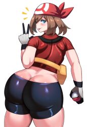 Rule 34 | 1girl, ass, bandana, bike shorts, blue eyes, blush, brown hair, butt crack, creatures (company), curvy, from behind, game freak, gloves, highres, huge ass, looking at viewer, looking back, may (pokemon), nintendo, one eye closed, poke ball, pokemon, pokemon rse, shiny skin, short hair, short sleeves, skin tight, solo, spandex, thick thighs, thighs, tongue, tongue out, v, white background, wide hips, wink, ytrall