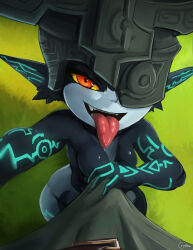 Rule 34 | 1boy, 1girl, absurdres, breasts, bulge, colored sclera, colored skin, cranihum, from above, grass, helmet, highres, link, medium breasts, midna, multicolored skin, nintendo, one eye covered, open mouth, pointy ears, pov, red eyes, size difference, teeth, the legend of zelda, the legend of zelda: twilight princess, tongue, tongue out, two-tone skin, wide hips, yellow sclera