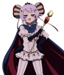 Rule 34 | &gt;:d, 1girl, :d, akasata, black gloves, blush, cape, center frills, dress, frilled sleeves, frills, gloves, head tilt, holding, looking at viewer, mahou shoujo ikusei keikaku, mahou shoujo ikusei keikaku unmarked, open mouth, pantyhose, puffy short sleeves, puffy sleeves, purple eyes, purple hair, ruler (mahoiku), scepter, short hair, short sleeves, simple background, smile, solo, standing, striped clothes, striped legwear, striped pantyhose, v-shaped eyebrows, vertical-striped clothes, vertical-striped legwear, vertical-striped pantyhose, white background, white dress