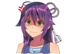 Rule 34 | 1girl, ahoge, anger vein, bare shoulders, blue shirt, chiharu (9654784), closed mouth, commentary request, green eyes, hair between eyes, hair ornament, hair over shoulder, highres, long hair, original, portrait, purple hair, shirt, sleeveless, sleeveless shirt, solo, white background