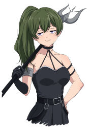 Rule 34 | 1girl, absurdres, arm strap, bare shoulders, belt, belt buckle, black belt, black choker, black dress, black gloves, breasts, buckle, choker, closed mouth, collarbone, commentary request, cowboy shot, cropped legs, double-parted bangs, dress, elbow gloves, gloves, green hair, hair between eyes, hand on own hip, hand up, highres, holding, holding polearm, holding weapon, jitome, lips, long hair, looking to the side, medium breasts, nishizuki shino, o-ring, o-ring choker, over shoulder, pleated skirt, polearm, purple eyes, side ponytail, simple background, single glove, skirt, sleeveless, sleeveless dress, smile, solo, sousou no frieren, ubel (sousou no frieren), weapon, weapon over shoulder, white background