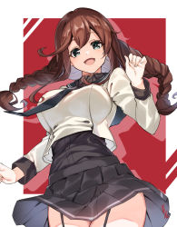 Rule 34 | 1girl, artist name, black necktie, black sailor collar, black shirt, black skirt, braid, breasts, brown hair, buttons, collared shirt, cowboy shot, cropped jacket, garter straps, grey eyes, hair between eyes, highres, jacket, kantai collection, large breasts, long hair, long sleeves, necktie, noshiro (kancolle), open mouth, pleated skirt, sailor collar, shirt, signature, skirt, smile, solo, striped clothes, striped skirt, twin braids, white jacket, youmou usagi