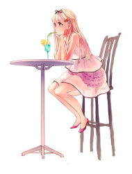 Rule 34 | 10s, 1girl, bare shoulders, blonde hair, chair, crazy straw, dress, drinking, drinking straw, food, fruit, full body, hair ornament, hair ribbon, hairclip, head on hand, head rest, high heels, highres, kantai collection, lemon, lemon slice, long hair, no socks, red eyes, ribbon, sitting, solo, sundress, table, waiting, white background, yuudachi (kancolle), yuudachi kai ni (kancolle), zik (zelco)