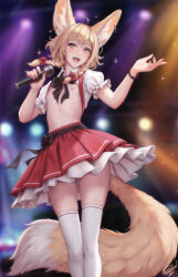 Rule 34 | + +, 1girl, :d, animal ear fluff, animal ears, black bow, black bowtie, black bracelet, bow, bowtie, braid, commentary, feet out of frame, flat chest, fox ears, fox girl, fox tail, hair bow, hands up, highres, holding, holding microphone, idol, idol clothes, khiara (personal ami), looking at viewer, medium hair, microphone, nipples, no bra, open clothes, open mouth, open shirt, original, paid reward available, personal ami, red bow, red skirt, shirt, short sleeves, signature, skirt, smile, solo, stage lights, tail, teeth, thighhighs, twin braids, upper teeth only, white shirt, white thighhighs, yellow eyes