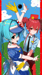 Rule 34 | + +, 2girls, absurdres, apron, black eyes, black necktie, blue dress, blue hair, blue hat, blue shirt, blue sky, border, cloud, commentary request, confetti, dress, drill hair, empty eyes, feet out of frame, gloves, hand up, hat, hatsune miku, highres, hill, kasane teto, long hair, looking at viewer, maria (syake-uni), mesmerizer (vocaloid), multiple girls, name tag, necktie, nervous smile, nervous sweating, open mouth, pants, red eyes, red hair, red hat, red pants, sharp teeth, shirt, sketch, sky, smile, solid circle pupils, striped clothes, striped headwear, striped shirt, sun, suspenders, sweat, teeth, twin drills, visor cap, vocaloid, waist apron, white apron, white wrist cuffs, wrist cuffs, yellow gloves