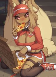 Rule 34 | 1girl, absurdres, animal ears, box, breasts, cleavage, clipboard, covered erect nipples, creatures (company), eating, food, furry, furry female, game freak, gen 4 pokemon, highres, laces, large breasts, lopunny, nintendo, pen, pizza, pokemon, rabbit ears, rabbit tail, shoes, short shorts, shorts, sneakers, solo, tail, zinfyu