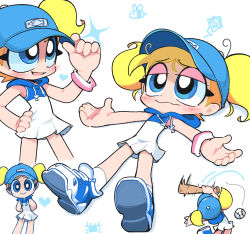 Rule 34 | 1girl, adjusting clothes, adjusting headwear, bare arms, bare legs, baseball, baseball (object), baseball bat, baseball cap, blonde hair, blue eyes, blue footwear, blue hat, blue hood, blush, bubbles (ppg), commentary, cowboy shot, dress, english commentary, flat chest, full body, hand on own hip, hat, highres, holding, holding baseball bat, hooded dress, kim crab, looking ahead, lying, messy hair, multicolored wristband, multiple views, no nose, powerpuff girls, shoes, short dress, short hair, short twintails, sleeveless, sleeveless dress, sneakers, socks, solo, standing, thighs, toon (style), twintails, very big eyes, white background, white dress, white socks