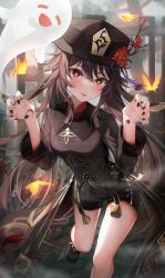 Rule 34 | 1girl, black hat, black nails, black shorts, blush, brooch, brown hair, bug, butterfly, chinese clothes, collared coat, flower, flower-shaped pupils, genshin impact, ghost, hair between eyes, hat, hat flower, highres, hu tao (genshin impact), insect, jewelry, long hair, long sleeves, looking at viewer, nail polish, red eyes, ring, shorts, shuvi (shuvi1125), solo, symbol-shaped pupils, tassel, twintails