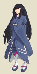 Rule 34 | 1girl, black hair, blue robe, blunt bangs, crossed arms, full body, glass (tate no yuusha no nariagari), highres, long hair, long sleeves, looking to the side, open mouth, robe, simple background, slippers, solo, standing, tabi, tagme, tate no yuusha no nariagari, thwwshark, very long hair