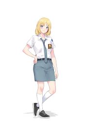Rule 34 | 1girl, absurdres, belt, black belt, black footwear, blonde hair, blue eyes, blush, breast pocket, breasts, closed mouth, collared shirt, full body, grey necktie, grey skirt, hand on own hip, highres, hololive, hololive english, indonesian high school uniform, kneehighs, looking at viewer, necktie, pencil skirt, pocket, reihan (hanreh), school emblem, school uniform, shirt, shoes, simple background, skirt, smile, sneakers, socks, solo, standing, virtual youtuber, watson amelia, white background, white shirt, white socks