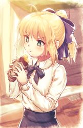 Rule 34 | 1girl, :t, ahoge, artoria pendragon (all), artoria pendragon (fate), blonde hair, blue bow, blue bowtie, blue skirt, blush, bow, bowtie, closed mouth, collared shirt, day, eating, fal (fal-se-0), fate/stay night, fate (series), food, green eyes, hair bow, helmet, holding, holding food, long sleeves, outdoors, ponytail, road, saber (fate), shirt, short hair, sidelocks, skirt, solo, sparkling eyes, steam, street, sweet potato, upper body, v-shaped eyebrows, winged helmet, wrapper