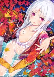 1girl arm_support ask02 autumn_leaves blush breasts collarbone dutch_angle fangs female_focus from_above highres japanese_clothes kimono leaf long_hair looking_at_viewer maple_leaf nipples obi open_clothes open_mouth original outstretched_arm pointy_ears red_eyes sash see-through_clothes silver_hair sitting small_breasts solo tabi water wet wet_clothes yokozuwari