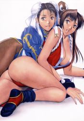 Rule 34 | 2girls, armband, ass, black hair, bracelet, breasts, brown eyes, brown hair, bun cover, capcom, china dress, chinese clothes, chun-li, cleavage, crossover, double bun, dress, earrings, fatal fury, highres, homare (fool&#039;s art), hug, japanese clothes, jewelry, large breasts, long hair, lying, multiple girls, on side, open mouth, panties, pantyhose, pantyshot, pelvic curtain, ponytail, shiranui mai, snk, socks, spiked bracelet, spikes, street fighter, the king of fighters, thighs, underwear, wristband