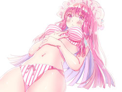 Rule 34 | 1girl, ballpoint pen (medium), bikini, blush, breasts, female focus, from below, hat, large breasts, long hair, mielang, navel, patchouli knowledge, pink bikini, pink eyes, pink hair, simple background, solo, striped bikini, striped clothes, swimsuit, touhou, traditional media, very long hair, white background