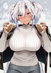 Rule 34 | 1girl, alternate costume, bare tree, black jacket, black nails, blurry, blurry background, breasts, commentary request, dark-skinned female, dark skin, denim, food, glasses, grey-framed eyewear, grey hair, hair between eyes, highres, holding, holding food, jacket, jacket on shoulders, jeans, jewelry, kantai collection, large breasts, leather, leather jacket, light blush, long bangs, long hair, looking at viewer, musashi (kancolle), musashi kai ni (kancolle), outdoors, pants, parted lips, rectangular eyewear, ribbed sweater, ring, semi-rimless eyewear, smile, snow, snowing, solo, speech bubble, sweater, translation request, tree, twintails, wedding ring, white sweater, yunamaro