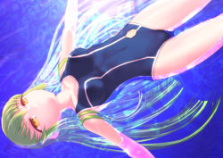 Rule 34 | 00s, 1girl, afloat, breasts, c.c., code geass, competition swimsuit, covered navel, green hair, long hair, one-piece swimsuit, solo, swimsuit, uni (plastic girl), water, yellow eyes