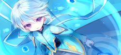 Rule 34 | 10s, 1boy, air bubble, bishounen, bubble, cape, highres, male focus, mikleo (tales), name (oiuio), purple eyes, short hair, solo, tales of (series), tales of zestiria, water, white hair