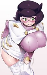 Rule 34 | 10s, 1girl, big hair, blush, breasts, clothes pull, creatures (company), game freak, glasses, green eyes, highres, huge breasts, leaning forward, looking at viewer, nintendo, pantyhose, pantyhose pull, pink-framed eyewear, pokemon, pokemon sm, purple hair, pussy juice, ribbed sweater, skirt, solo, sweat, sweater, tomohiro kai, turtleneck, turtleneck sweater, white background, wicke (pokemon)