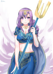 Rule 34 | 1girl, blue eyes, blue hair, blue shirt, blue skirt, blush, breasts, cape, cleavage, collarbone, crop top, dress, earrings, fate/grand order, fate (series), female focus, hair between eyes, hair ornament, highres, holding, hood, indian clothes, jewelry, lancer (parvati), light smile, long hair, long skirt, looking at viewer, matou sakura, midriff, necklace, parvati (fate), polearm, purple eyes, purple hair, shirt, short sleeves, skirt, smile, solo, tareme, trident, weapon