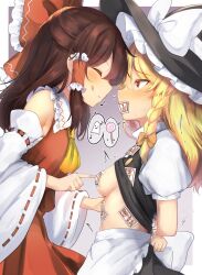 Rule 34 | 2girls, :p, apron, arms behind back, ascot, back bow, black headwear, black skirt, black vest, blonde hair, blush, bow, braid, brown hair, buttons, candy, closed eyes, collared shirt, covered erect nipples, covered mouth, detached sleeves, eye contact, food, frilled bow, frilled hair tubes, frilled shirt collar, frills, frown, ghost, hair bow, hair tubes, hakurei reimu, hat, hat bow, hat ornament, highres, kirisame marisa, leon0705, licking lips, lollipop, long hair, looking at another, multiple girls, musical note, ofuda, ofuda on clothes, ofuda on head, ofuda on nipples, pasties, pointing, puffy short sleeves, puffy sleeves, red bow, red eyes, red shirt, red skirt, red vest, ribbon-trimmed sleeves, ribbon trim, shirt, short sleeves, sidelocks, single braid, skirt, sleeveless, sleeveless shirt, smile, speech bubble, tongue, tongue out, touhou, turtleneck, vest, waist apron, white apron, white bow, white shirt, white sleeves, wide sleeves, witch hat, yellow ascot, yellow bow, yuri