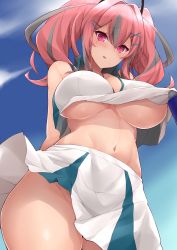 Rule 34 | 1girl, azur lane, breasts, bremerton (azur lane), bremerton (scorching-hot training) (azur lane), clothes lift, commentary request, cowboy shot, crop top, crop top overhang, from below, hair intakes, hair ornament, heart, heart necklace, highres, jampen, large breasts, lifting own clothes, multicolored hair, navel, necklace, pink eyes, pink hair, shirt, skirt, skirt lift, sleeveless, sleeveless shirt, sportswear, streaked hair, tennis uniform, two-tone shirt, two-tone skirt, underboob, x hair ornament