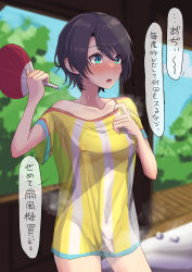 Rule 34 | 1girl, adjusting clothes, aqua eyes, bar censor, black hair, blurry, blurry background, blush, breasts, censored, collarbone, covered erect nipples, female focus, female pubic hair, hand fan, highres, hololive, hot, medium breasts, naked shirt, nipples, no bra, no panties, oozora subaru, oozora subaru (1st costume), open mouth, oversized clothes, oversized shirt, pubic hair, pussy, romeokoolje, see-through, shirt, short hair, solo, steaming body, striped clothes, striped shirt, sweat, translation request, vertical-striped clothes, vertical-striped shirt, virtual youtuber