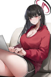 Rule 34 | 1girl, absurdres, alternate costume, black hair, black shorts, blue archive, blush, breasts, cleavage, dolphin shorts, hair ornament, hairpin, halo, highres, hood, hood down, hoodie, large breasts, lillly, long hair, looking at viewer, navel, open mouth, red eyes, red hoodie, rio (blue archive), shorts, solo