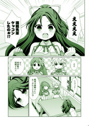 Rule 34 | 10s, 3girls, amagi (kancolle), bare shoulders, braid, cleavage cutout, clothing cutout, cloud print, comic, commentary request, flower, from above, green theme, hair flower, hair ornament, jitome, kantai collection, katsuragi (kancolle), long hair, looking at another, midriff, minamoto hisanari, mole, mole under eye, monochrome, multiple girls, ponytail, remodel (kantai collection), siblings, single braid, sisters, sitting, table, translation request, unryuu (kancolle), very long hair