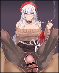 Rule 34 | 1boy, 1girl, aran sweater, azur lane, bar censor, bare shoulders, belfast (azur lane), belfast (shopping with the head maid) (azur lane), beret, black pantyhose, black skirt, blood rouge, breasts, brown sweater, cable knit, censored, choker, cigarette, clothed female nude male, commentary request, earrings, erection, feet, femdom, footjob, grey eyes, hair between eyes, hat, hetero, highres, hoop earrings, jewelry, large breasts, lipstick, long hair, makeup, nail polish, nude, off-shoulder sweater, off shoulder, pantyhose, pencil skirt, penis, pov, pubic hair, purple lips, purple nails, red headwear, sidelocks, silver hair, sitting, skirt, smoking, solo focus, spread legs, sweater, toes, two-footed footjob