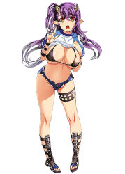 Rule 34 | 1girl, :o, bikini, bikini top only, breasts, cleavage, clothes lift, demon girl, denim, denim shorts, gladiator sandals, gradient background, hair ornament, highres, horns, index finger raised, large breasts, leviathan (sin nanatsu no taizai), leviathan (the seven deadly sins), long hair, looking at viewer, navel, nishii (damnedrive), no legwear, official art, open mouth, pigeon-toed, pointy ears, purple hair, red eyes, sandals, shirt lift, short shorts, shorts, side ponytail, simple background, sin nanatsu no taizai, solo, swimsuit, teeth, the seven deadly sins
