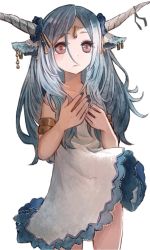 Rule 34 | 1girl, animal ears, armlet, bare arms, black ribbon, blue hair, blue scrunchie, brown eyes, closed mouth, collarbone, commentary request, cowboy shot, dress, earrings, grey nails, hands up, head chain, highres, horn ornament, horn ribbon, horns, jewelry, light blue hair, long hair, looking at viewer, nail polish, nakamura haco, original, parted bangs, ribbon, scrunchie, simple background, sleeveless, sleeveless dress, solo, standing, sundress, white background, white dress, wind