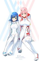 Rule 34 | 2girls, :/, :d, absurdres, aqua eyes, arms behind back, artist name, blue hair, blunt bangs, blush, bodysuit, breasts, chicke iii, closed mouth, commentary, copyright name, covered navel, darling in the franxx, dated, full body, green eyes, grin, hair ornament, hairband, hairclip, height difference, highres, ichigo (darling in the franxx), knee up, large breasts, long hair, looking at viewer, medium breasts, multicolored background, multiple girls, open mouth, pink hair, short hair, sidelocks, sitting, skin tight, smile, teeth, twitter username, very long hair, white bodysuit, white hairband, zero two (darling in the franxx)