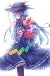 Rule 34 | &gt;:(, 1girl, bad id, bad pixiv id, bloom, blue hair, blush, chocolate, commentary request, dress, dress shirt, english text, food, foreshortening, frown, fruit, gift wrapping, glowing, hat, hat tip, highres, hinanawi tenshi, layered dress, long hair, maru daizu (aqua6233), pantyhose, peach, red eyes, shirt, solo, tag, touhou, tsundere, v-shaped eyebrows, valentine, very long hair