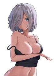 Rule 34 | 1girl, black camisole, blue eyes, breasts, breasts day, camisole, cleavage, collarbone, grey hair, hair ornament, hair over one eye, hairclip, hamakaze (kancolle), highres, kantai collection, lanthan, large breasts, looking at viewer, short hair, simple background, solo, upper body, white background