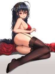 Rule 34 | 1girl, absurdres, azur lane, bare shoulders, black hair, blush, breasts, choker, clyde s, cocktail dress, dress, gradient background, hair between eyes, hair ornament, highres, large breasts, long hair, looking at viewer, official alternate costume, red dress, red eyes, sitting, smile, solo, taihou (azur lane), taihou (forbidden feast) (azur lane), thighhighs, very long hair