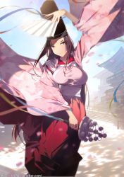 Rule 34 | 1girl, ajahweea, architecture, arm up, bell, breasts, brown hair, closed mouth, dancing, day, east asian architecture, expressionless, facial mark, floral print, folding fan, forehead mark, hakama, hakama skirt, hand fan, hat, head tilt, highres, holding, holding fan, japanese clothes, jingle bell, kagura suzu, large breasts, long hair, long sleeves, looking at viewer, motion blur, nontraditional miko, official art, orange eyes, original, outdoors, petals, red hakama, skirt, sky, solo, standing, tate eboshi, very long hair, watermark, web address, wide sleeves