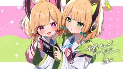 Rule 34 | 2girls, :3, animal ear headphones, animal ears, aqua bow, blonde hair, blue archive, blue necktie, blush, bow, cat ear headphones, commission, fake animal ears, good twins day, green eyes, green halo, hair bow, halo, handheld game console, hands up, hazakura chikori, headphones, highres, holding, holding handheld game console, hood, hooded jacket, jacket, letterboxed, light green background, long sleeves, looking at object, low-tied sidelocks, midori (blue archive), momoi (blue archive), multicolored clothes, multicolored jacket, multiple girls, necktie, nintendo switch, open mouth, pink background, pink eyes, pink halo, red bow, shirt, short hair, siblings, signature, sisters, skeb commission, sleeves past fingers, sleeves past wrists, smile, translation request, twins, two-tone background, white shirt, wide sleeves