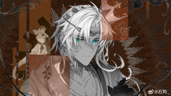 Rule 34 | 1boy, absurdres, animal, animal on shoulder, aqua eyes, circlet, cloak, closed mouth, clothed animal, crown, curtained hair, dark-skinned male, dark skin, expressionless, flower, gears, greyscale with colored background, highres, jewelry, lars rorschach, lizard, long hair, looking at viewer, lovebrush chronicles, male focus, multiple monochrome, necklace, open clothes, open robe, parted bangs, red background, revealing layer, robe, rose, shiling, shirt, solo, spot color, sunburst, turtleneck, upper body, weibo logo, weibo watermark