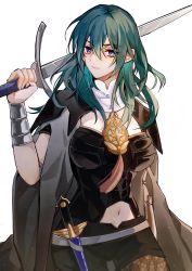 Rule 34 | 1girl, belt, black shirt, black shorts, blue eyes, blue hair, bracer, breasts, brown pantyhose, byleth (female) (fire emblem), byleth (fire emblem), clothing cutout, commentary, cowboy shot, dagger, fire emblem, fire emblem: three houses, grey belt, grey cloak, hair between eyes, highres, holding, holding sword, holding weapon, knife, large breasts, long hair, looking at viewer, navel, navel cutout, nekko (nekko909), nintendo, pantyhose, scabbard, sheath, shirt, short shorts, shorts, simple background, smile, solo, standing, sword, weapon, white background