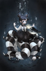 Rule 34 | 1girl, alpaca carlesi, amissio, anglerfish, black bow, black bowtie, black hair, black skirt, blue eyes, bow, bowtie, bubble, collared shirt, commentary, double bun, english commentary, fish, full body, hair bun, highres, long sleeves, looking at animal, monster girl, open mouth, paski (amissio), scylla, shirt, signature, skirt, solo, suspender skirt, suspenders, tentacles, underwater, white shirt