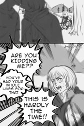 Rule 34 | 1girl, 3boys, alternate universe, annlu vazzel, armin arlert, character request, cloak, commentary, emphasis lines, english commentary, english text, eren yeager, greyscale, hetero, highres, kiss, mikasa ackerman, monochrome, mountain, multiple boys, open mouth, paradis military uniform, shingeki no kyojin, sweat, three-dimensional maneuver gear, tree, x x