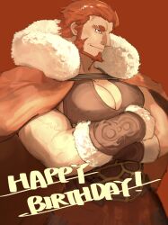 Rule 34 | 1boy, absurdres, armor, bara, beard, breastplate, cape, cowboy shot, crossed arms, facial hair, fate/zero, fate (series), from side, front slit, fur-trimmed cape, fur trim, happy birthday, highres, iskandar (fate), large pectorals, leather, looking ahead, male focus, mature male, muscular, muscular male, pectoral cleavage, pectorals, red cape, red eyes, red hair, short hair, smile, solo, thick eyebrows, tokoni fusu, veins, veiny arms