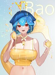 Rule 34 | 1girl, bao (vtuber), bao (vtuber) (5th costume), blowhole, blue hair, bluemayo, breasts, bustier, cetacean tail, character name, cleavage, fins, fish tail, food, fruit, highres, indie virtual youtuber, large breasts, lemon, lemon slice, looking at viewer, navel, red eyes, shirt, short hair, smile, solo, spaghetti strap, stomach, suggestive fluid, tail, upper body, virtual youtuber, whale girl, yellow shirt
